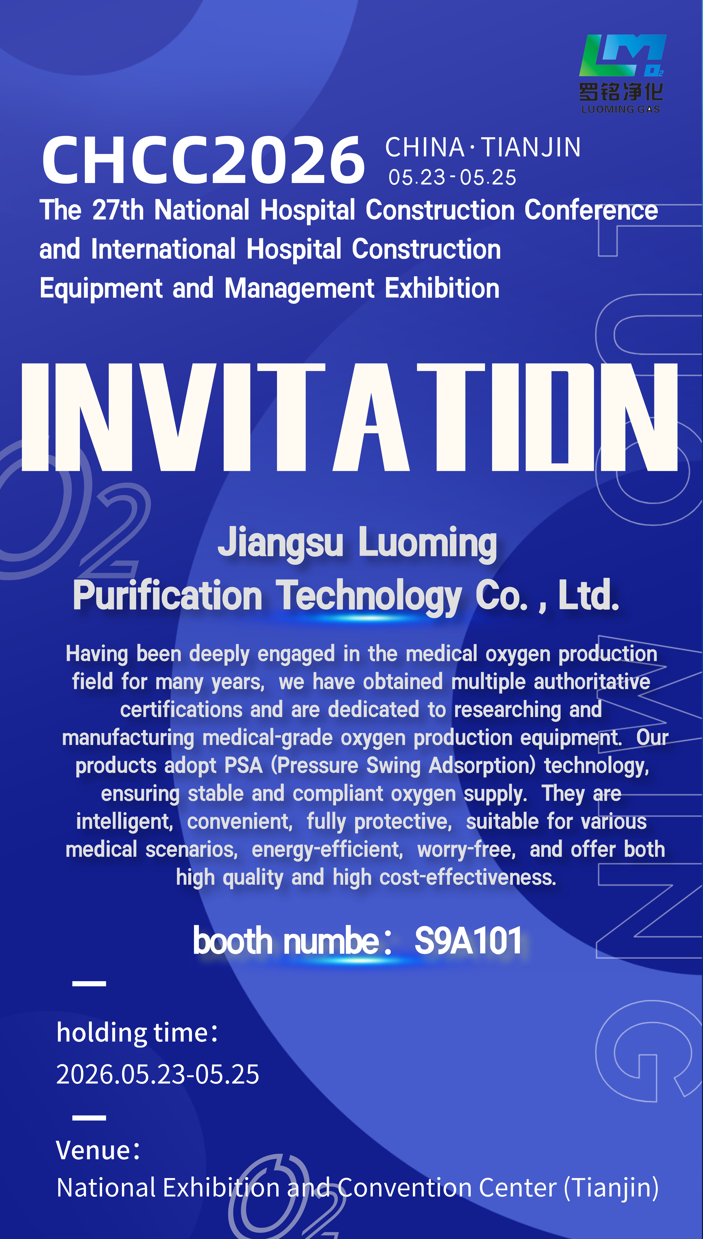 Jiangsu Luoming Purification Technology Co., Ltd chun Giniúint Ocsaigin Leighis Ceannródaíoch a Thaispeáint ag CHCC2026